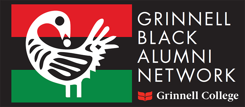 Grinnell Black Alumni Network. Image: A white and black stylized bird on a red, black, and green flag. The Grinnell College logo sits below the text.