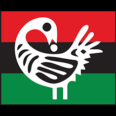 A stylized bird sits on a Red, Black, and Green Flag.