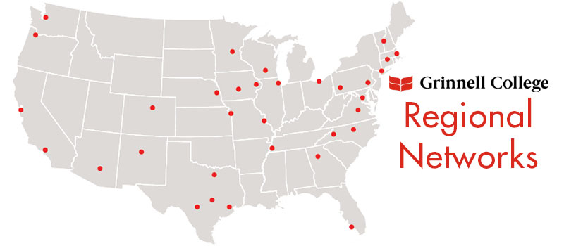 A Map of the United States with Red Dots in locations of regional networks across the country. Red Text sits next to the map. Text: Grinnell College Regional Networks.
