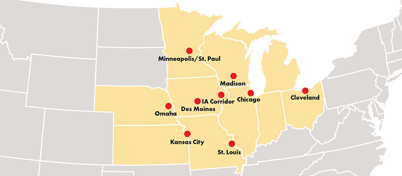 Map of the Midwest US with dots at the locations of the Grinnell College regional networks. Dots and labels for: Minneapolis/St. Paul, Madison, Chicago, IA Corridor, Cleveland, Des Moines, Omaha, Kansas City, and St. Louis.