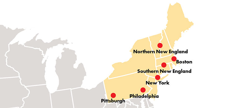 A map with the Northeast states highlighted. On the map dots mark locations of the Grinnell regional networks. Dots and lables for: Northern New England, Boston, South New England, New York, Philadelphia, and Pittsburgh.
