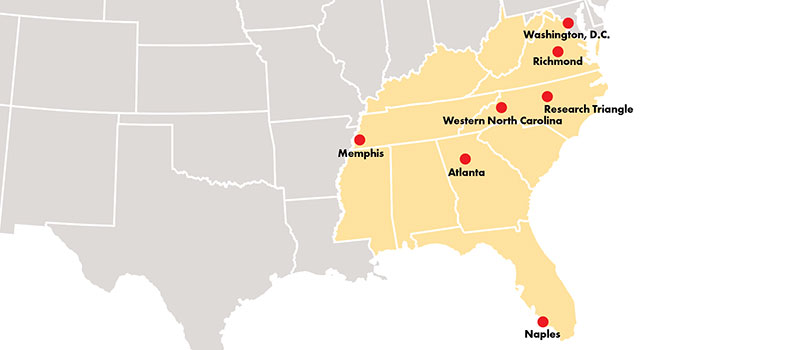 Map of the Southeastern US with dots at the locations of the Grinnell College regional networks. Dots and labels for: Washington D.C., Richmond, Research Triangle, Western North Carolina, Memphis, Atlanta, and Naples.