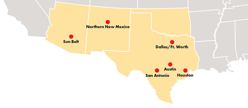 Map of the Southwestern US with dots at the locations of the Grinnell College regional networks. Dots and labels for: Northern New Mexico, Sun Belt, Dallas/Ft. Worth, Austin, San Antonio, and Houston.