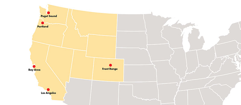 Map of the Western US with dots at the locations of the Grinnell College regional networks. Dots and labels for: Puget Sound, Portland, Front Range, Bay Area, and Los Angeles.