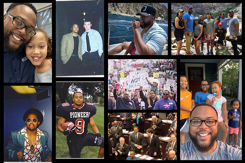 A collage of photos featuring Charles Blake ’05.