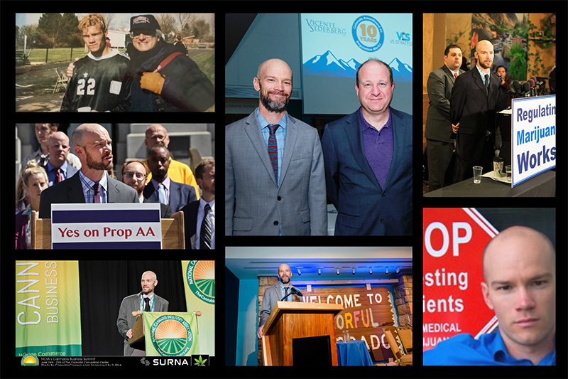 A collage of photos featuring Brian Vicente ’99.