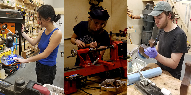 Nina Vo '25 uses the drill press, Jada Vadillo ’26 turns a pen on the lathe, and Jonah Pratt ’24 applies stain to the piece.
