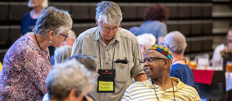 Margaret Giebitz Loring '72 and Yvor Stoakley '72 chat at the 50th Reunion Luncheon.
