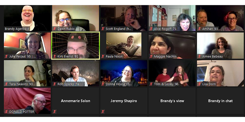 Several Grinnellians on a Zoom call. Kirk Everist ’91 is the featured box.