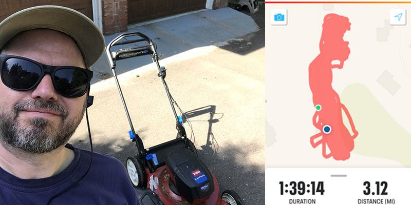Image 1: Kirk Johnson ’95 poses next to a lawnmower. Image 2: A filled in map shows the pattern of Kirk's mow showing a distance of 3.12 mi covered.