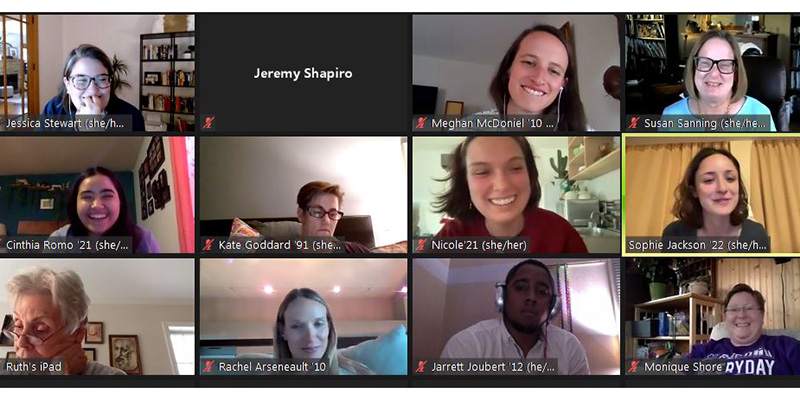 Several Grinnellians on a zoom call. Sophie Jackson ’22 speaks in the featured window.