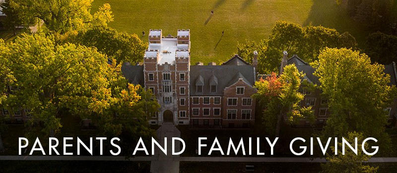 Aerial photo looking down on Gates Tower. Text: Parents and Family Giving