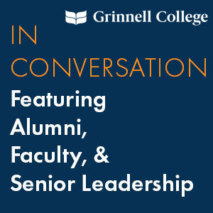 Yellow and White text on a blue background. Text: In Conversation; Featuring Alumni, Faulty, & Senior Leadership
