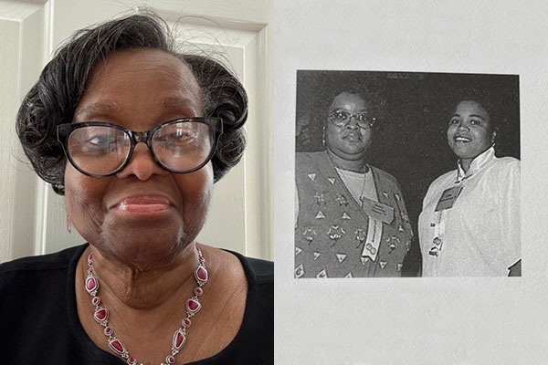 Two images of Betty Dandridge Johnson ’79. First photo: a current profile picture. Second photo: Betty Dandridge Johnson ’79, left, and Joyce Franklin-Freshwater ’79 appeared in the summer 1997 Grinnell Magazine.