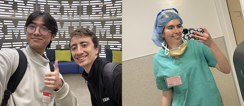 Photo 1: Gun Woo Kim ’27 and Martin Pollack ’22. Photo 2: Emily Milenova ’27 poses in hospital scrubs, a face shield, and a hairnet.