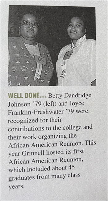 Betty Dandridge Johnson ’79, left, and Joyce Franklin-Freshwater ’79 in a photo in the Grinnell Magazine.