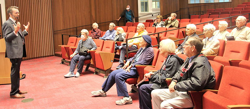 A guided tour of the HSSC Saturday led by Erik Simpson, stops at the HSSC auditorium.