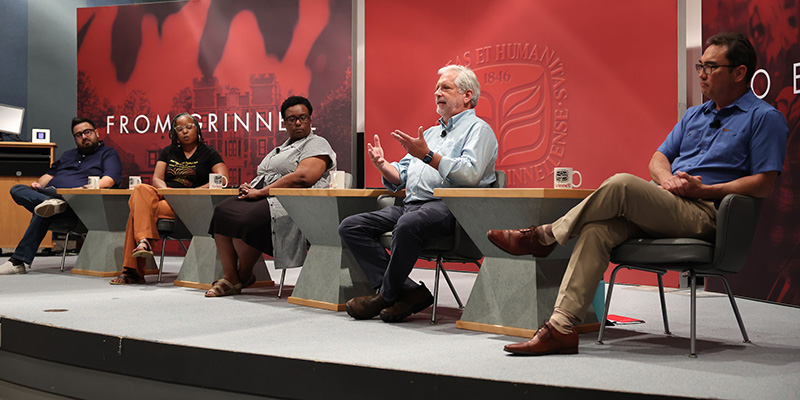 Clark Lindgren on a panel with Lester Alemán '07, Stephanie Jones, Beronda Montgomery, and Henry Rietz ’89.