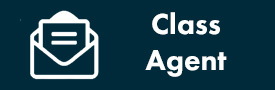 White Icon and Text over Navy Blue Background. Icon: Envelope with a letter. Text: Class Agent