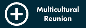 White Icon and Text over Navy Blue Background. Icon: Plus symbol inside a circle. Text: Multicultural Reunion