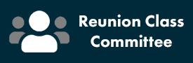 White Icon and Text over Navy Blue Background. Icon: Three minimalistic people. Text: Reunion Class Committee.