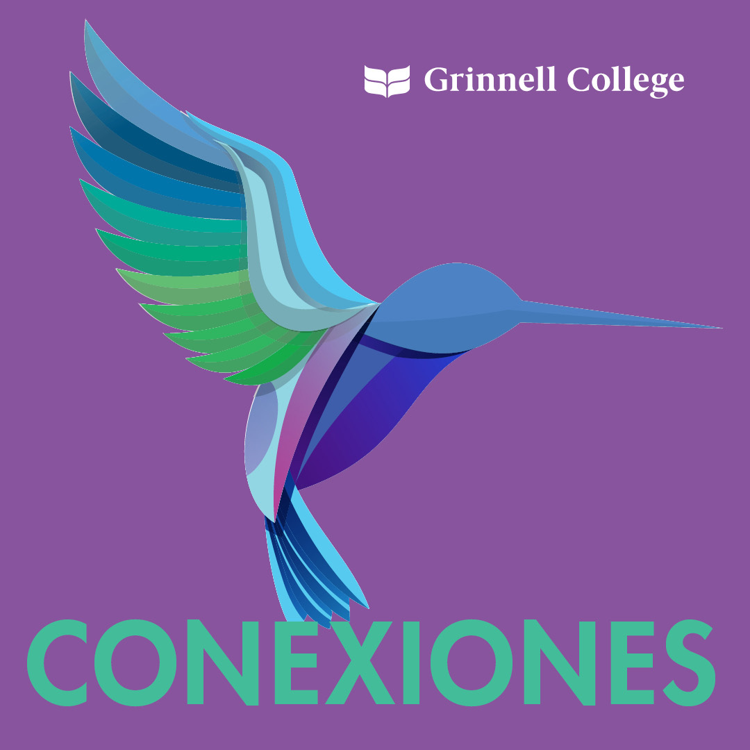 Teal text on a purple background. Text: Conexiones. A colorful hummingbird features blues, purples, and teal colors sits above the text.