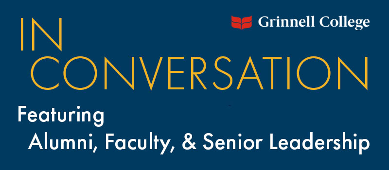 Yellow and White Text: In Conversation, Featuring Alumni, Faculty, & Senior Leadership.