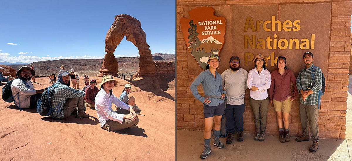 Laura Ng and her students take in the view at the Arches National Park in Utah and have their photo taken in front of the park sign.