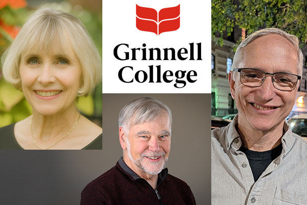 Collage of three photos and the Grinnell College logo. The image feature Bob Eckardt ’73, David Calvert ’75, and Deborah Smith-Wright ’75.