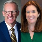 A photo of 2026 SUNY Cortland honorary degree recipients Greg Sankey ’87 and Stacey Hengsterman ’93.