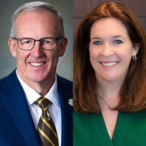 A photo of 2026 SUNY Cortland honorary degree recipients Greg Sankey ’87 and Stacey Hengsterman ’93.