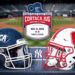 A photo of the Cortaca Jug logo along with the Ithaca and Cortland helmets.