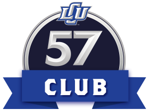 Number 57 in a black circle with the club on a blue banner